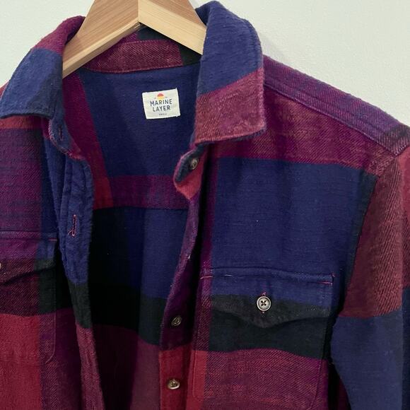 Marine Layer Plaid Flannel Shirt Jacket Women’s Small Oversized Burgundy Navy - Picture 5 of 10